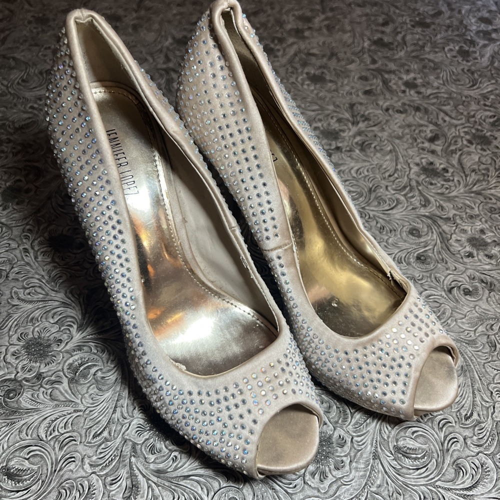 Jennifer Lopez~BLINGYBLUSH~Rhinestone Peep Toe ~Stilletto ~High Heels Size 7.5